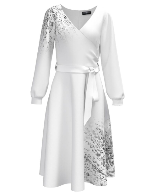 Rochie alba eleganta cu maneca lunga imprimata Picaturi de roua CMD4451