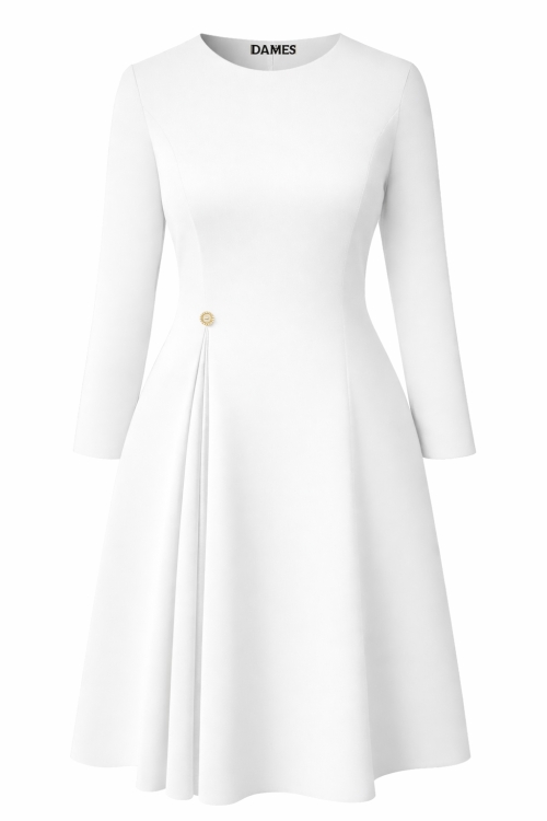 Rochie alba eleganta cu pliuri si nasture bijuterie