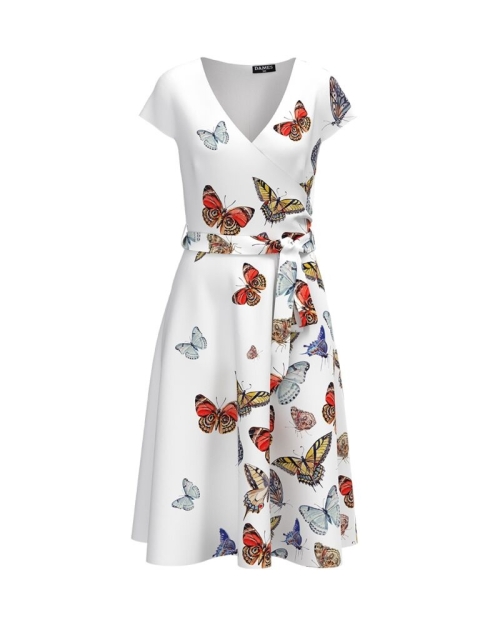 Rochie alba eleganta de vara cu maneca scurta si imprimeu Fluturi CMD740 - Img 7