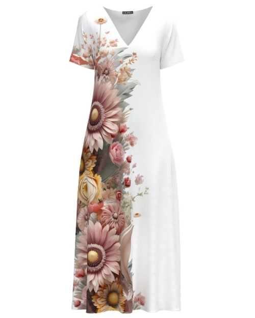 Rochie alba lunga de vara cu buzunare imprimata Floral