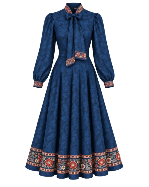 Rochie albastru inchis cu guler esarfa si imprimeu floral ornamental
