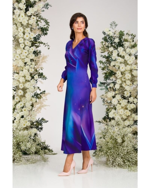 Rochie albastru violet eleganta cu maneca lunga imprimata digital CMD2944 - Img 5