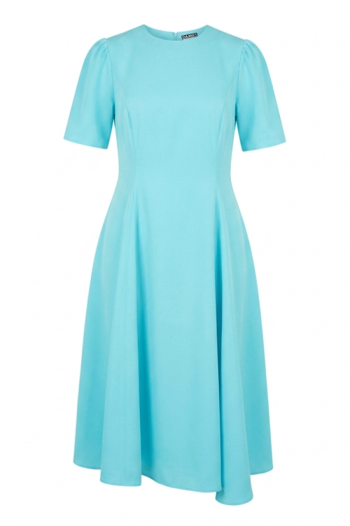 Rochie azuriu din vascoza premium satinata cu croiala asimetrica