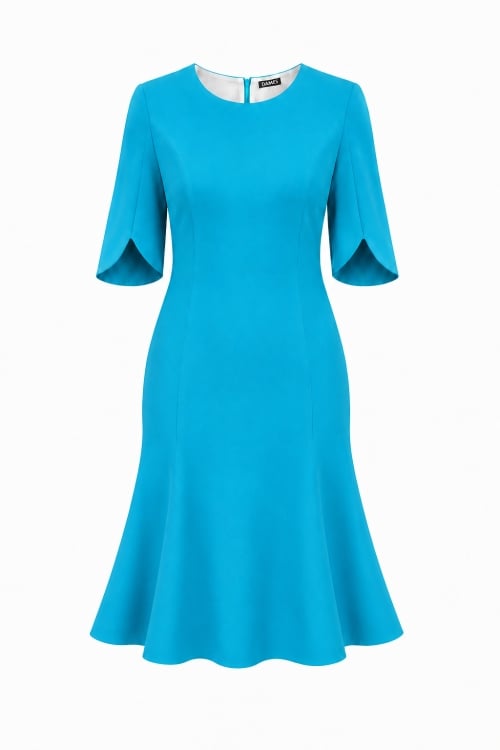 Rochie azuriu in clini cu maneca asimetrica