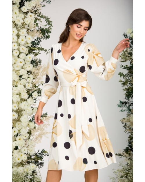 Rochie bej eleganta cu maneca lunga imprimata cu model Abstract CMD2937 - Img 1