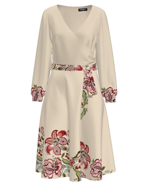 Rochie bej eleganta cu maneca lunga imprimata floral CMD1527 - Img 1