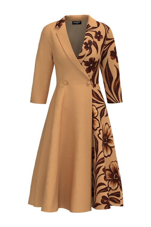 Rochie bej tip pardesiu petrecuta cu imprimeu floral