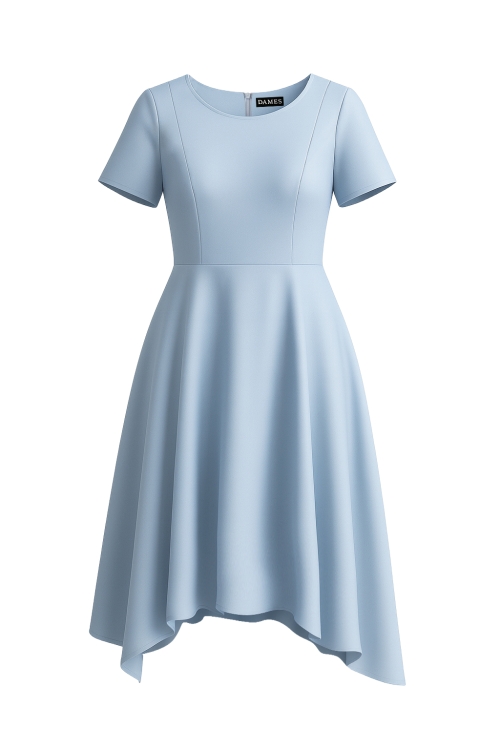 Rochie bleu clos asimetrica din bumbac satinat cu buzunare