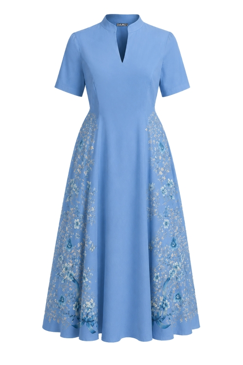 Rochie bleu din in clos cu guler inalt si decolteu in V