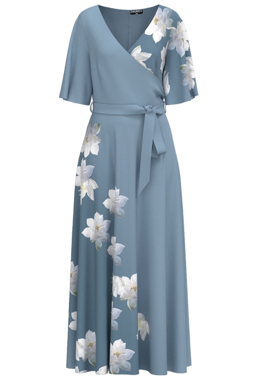 Rochie bleu lunga eleganta de seara imprimata cu model nuferi CMD2635 - Img 2