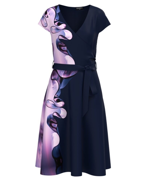 Rochie bleumarin de vara cu maneca scurta imprimata cu model abstract