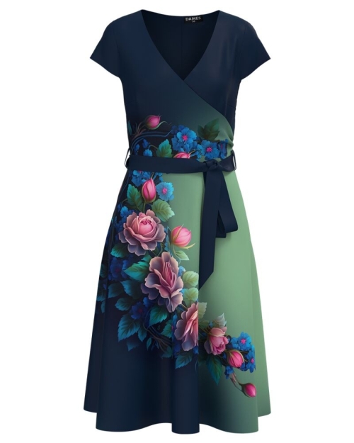 Rochie bleumarin de vara cu maneca scurta imprimata cu model floral - Img 1