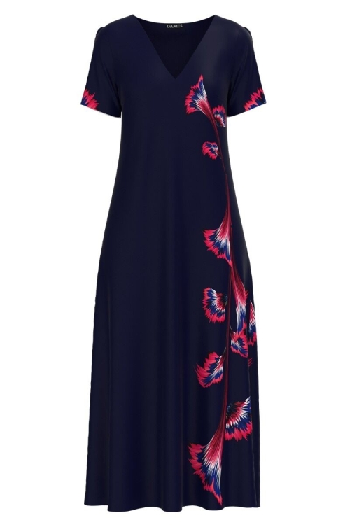 Rochie bleumarin de vara lunga cu buzunare imprimata cu model floral CMD2722 - Img 2