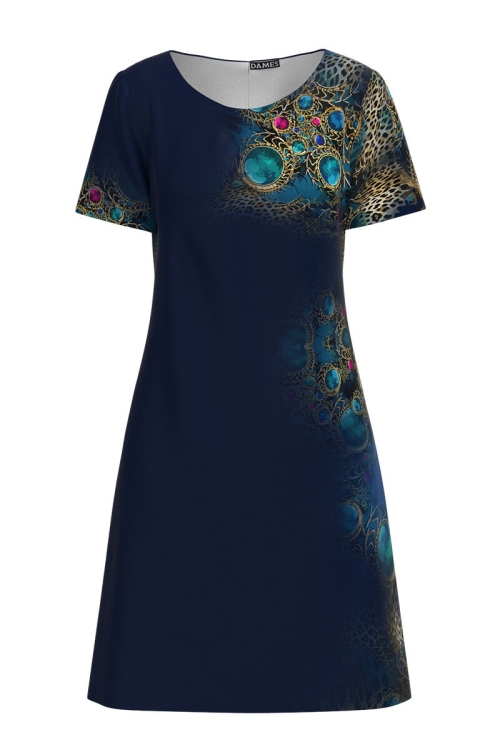 Rochie bleumarin evazata imprimata cu accente turcoaz CMD2736 - Img 2