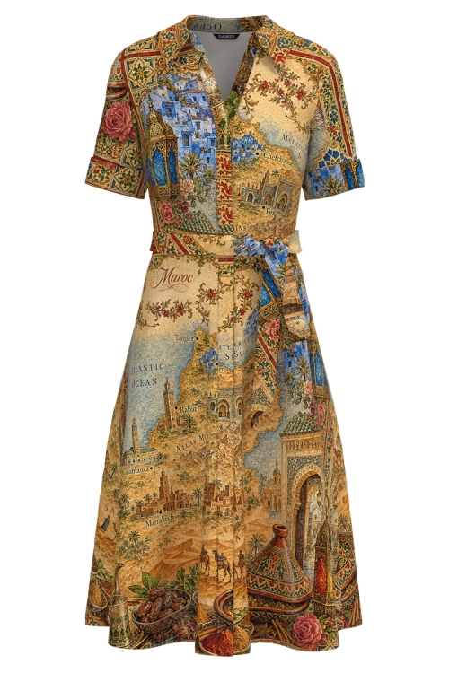 Rochie camasa din in cu maneca scurta imprimata Cartoline Maroc