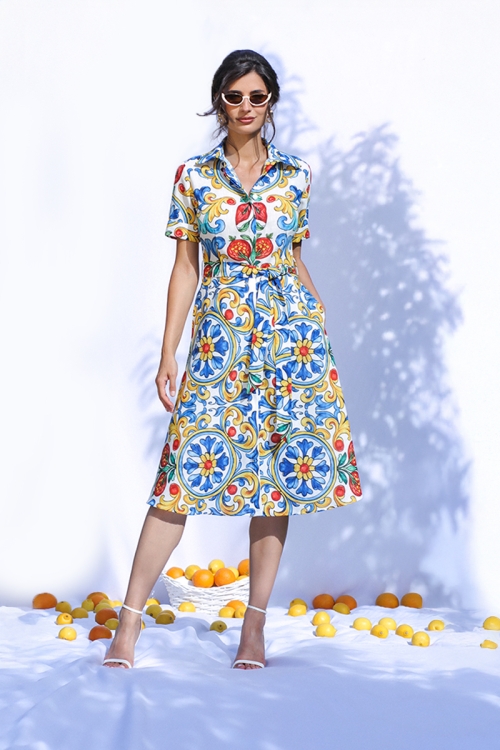 Rochie camasa din in cu maneca scurta imprimata cu model floral multicolor - Img 1
