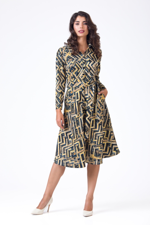 Rochie camasa maro cu maneca lunga imprimata geometric AW24 - Img 1