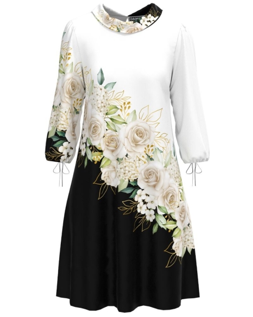 Rochie casual alb negru cu imprimeu trandafiri CMD3067