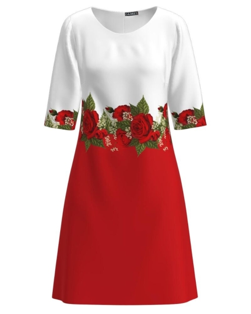 Rochie casual alb rosu imprimata cu model trandafiri CMD3366