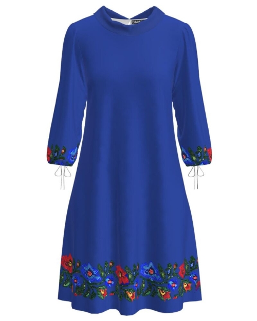 Rochie casual albastra cu maneca trei sferturi imprimata cu model floral traditional CMD3603