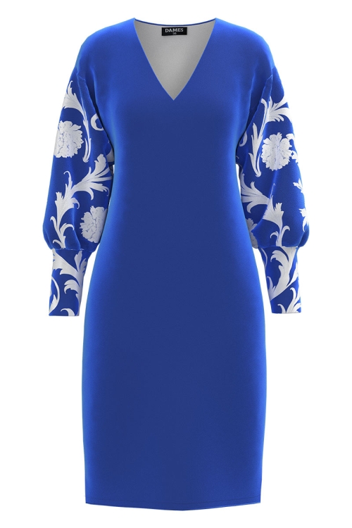 Rochie casual albastra din catifea imprimata baroc