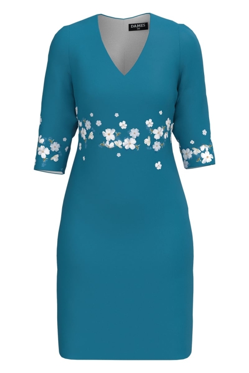 Rochie casual albastru marin cu decolteu in V imprimata floral SS25 Stoc