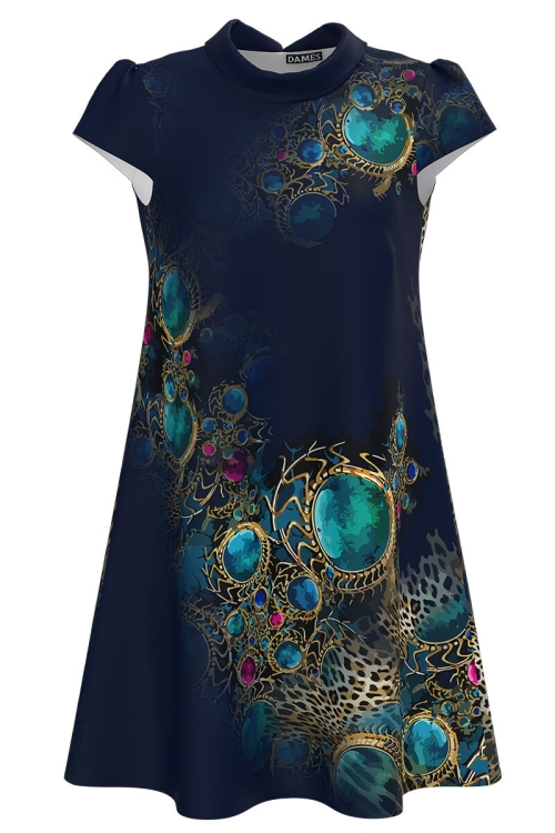 Rochie casual bleumarin imprimata cu accente turcoaz CMD4148 - Img 2