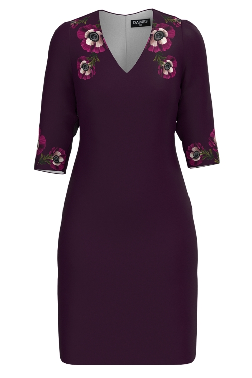 Rochie casual bordo cu decolteu in V imprimata Anemone