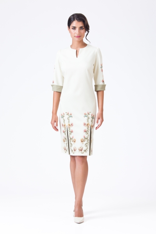 Rochie casual crem cu detalii in contrast