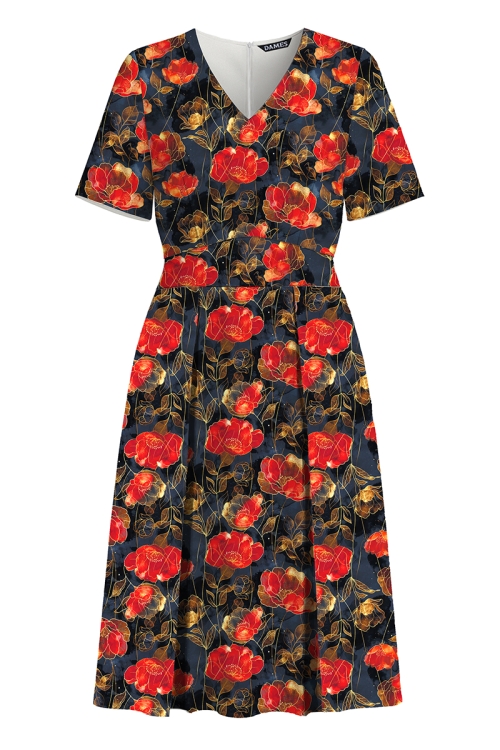 Rochie casual de vara din crepe cu pliuri Maci in floare