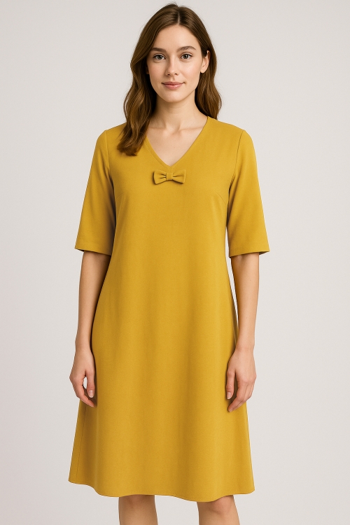 Rochie casual de vara din lyocell ocru cu decolteu in V si buzunare
