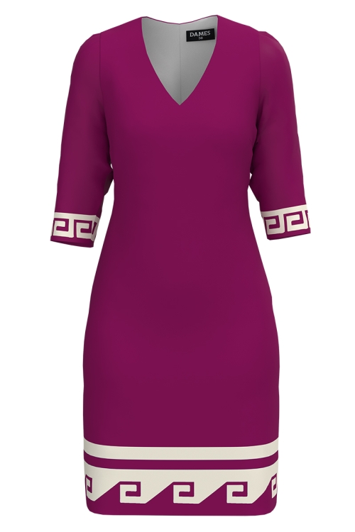 Rochie casual fucsia cu decolteu in V imprimata Aztec