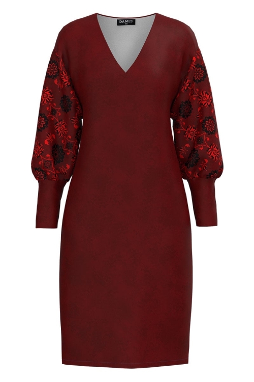 Rochie casual grena din catifea cu imprimeu floral Stoc