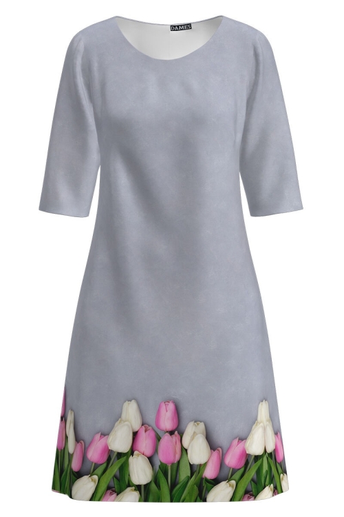 Rochie casual gri imprimata cu model floral Lalele CMD2128 - Img 2