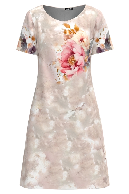 Rochie casual in nuante de bej imprimata bujori