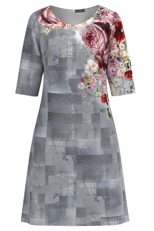 Rochie casual in nuante de gri imprimata flori de primavara SS25