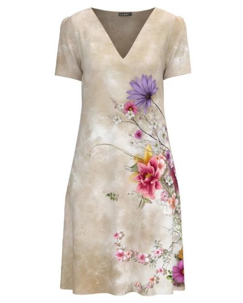 Rochie casual lejera de vara bej imprimată cu model floral CMD973