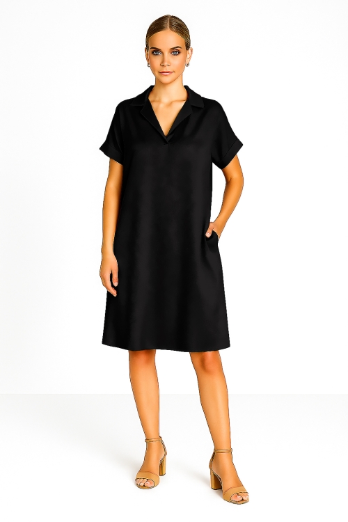 Rochie casual neagra cu buzunare din vascoza satinata
