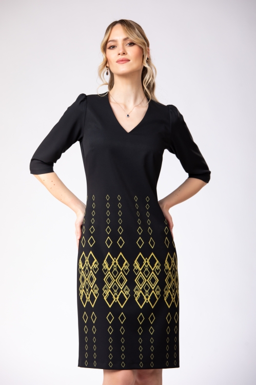 Rochie casual neagra cu decolteu in V imprimata Infinit - Img 2