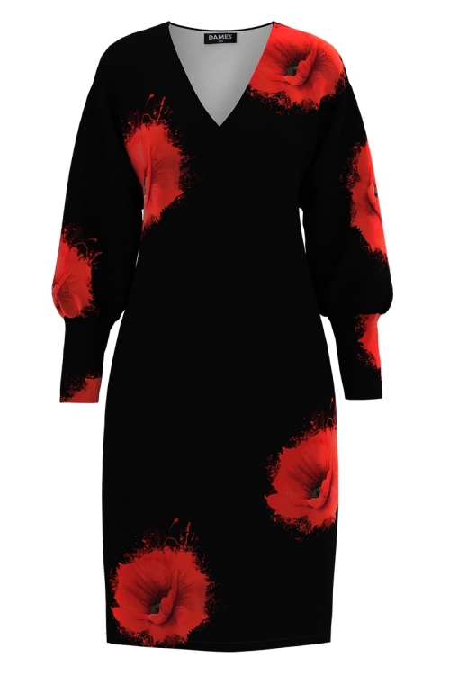 Rochie casual neagra din catifea imprimata Maci Stoc - Img 4