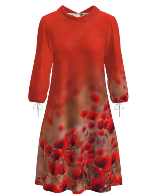 Rochie casual rosie cu maneca trei sferturi imprimeu maci CMD1309