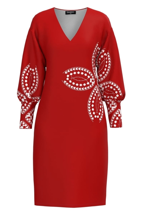 Rochie casual rosie din catifea cu imprimeu floral traditional Stoc