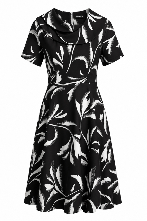 Rochie clos cu guler triplu si maneca scurta Alb Negru