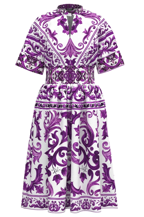 Rochie clos din in cu imprimeu mov cu buzunare