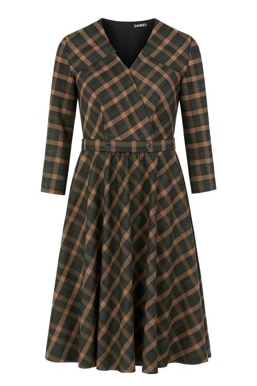 Rochie clos din stofa in caro cu guler amplu