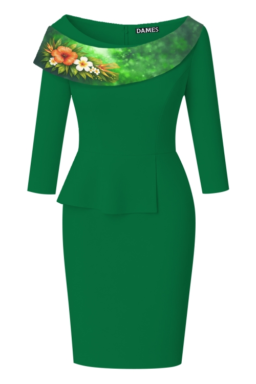 Rochie conica verde cu volan si detaliu floral