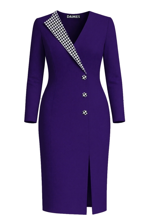 Rochie conica violet eleganta cu rever asimetric