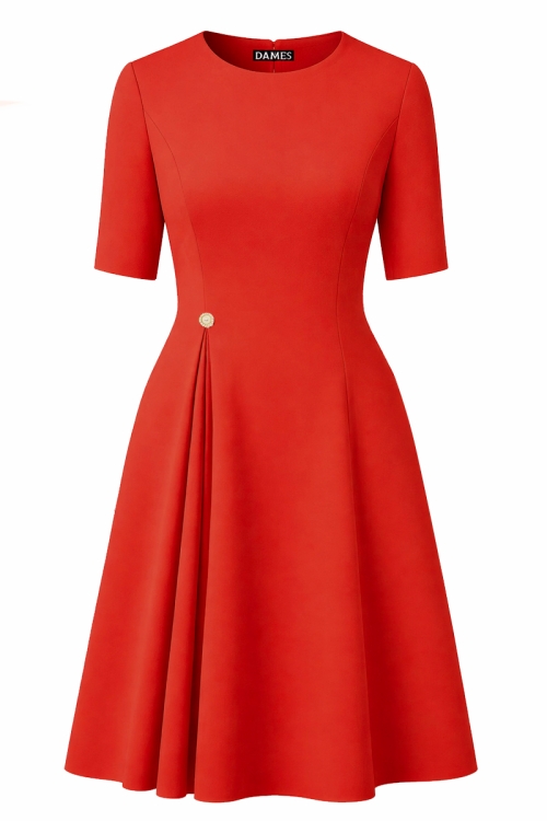 Rochie corai eleganta cu pliuri si nasture bijuterie