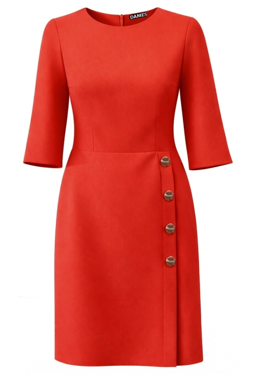 Rochie corai eleganta cu slit si nasturi bijuterie