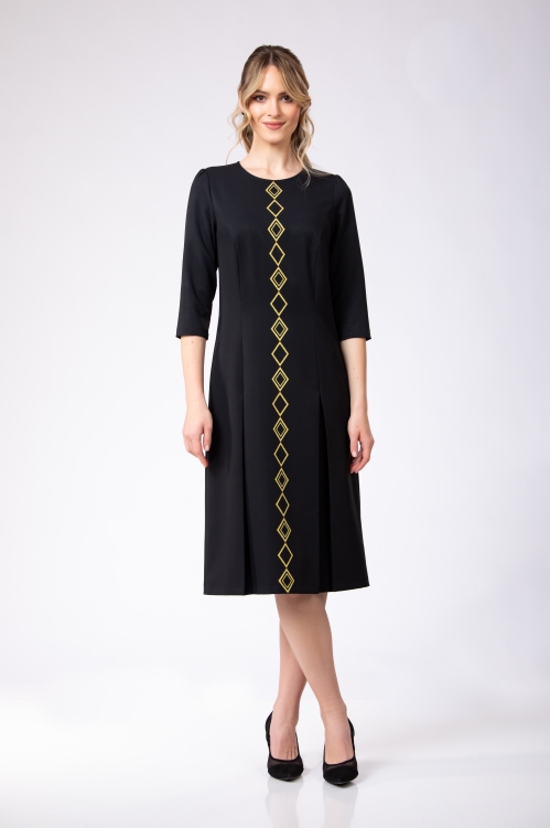 Rochie cu pliuri neagra imprimata infinit cu maneca trei sferturi - Img 2